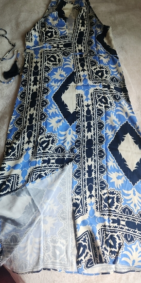 H&M Tie-belt Scarf Prints Dress long  maxi Cream/blue Patterned BNWT - Picture 4 of 14